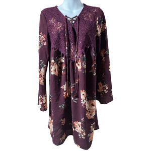 Vanity Womens Dress Size Small Maroon Floral New NWT Knee Length Long Sleeve